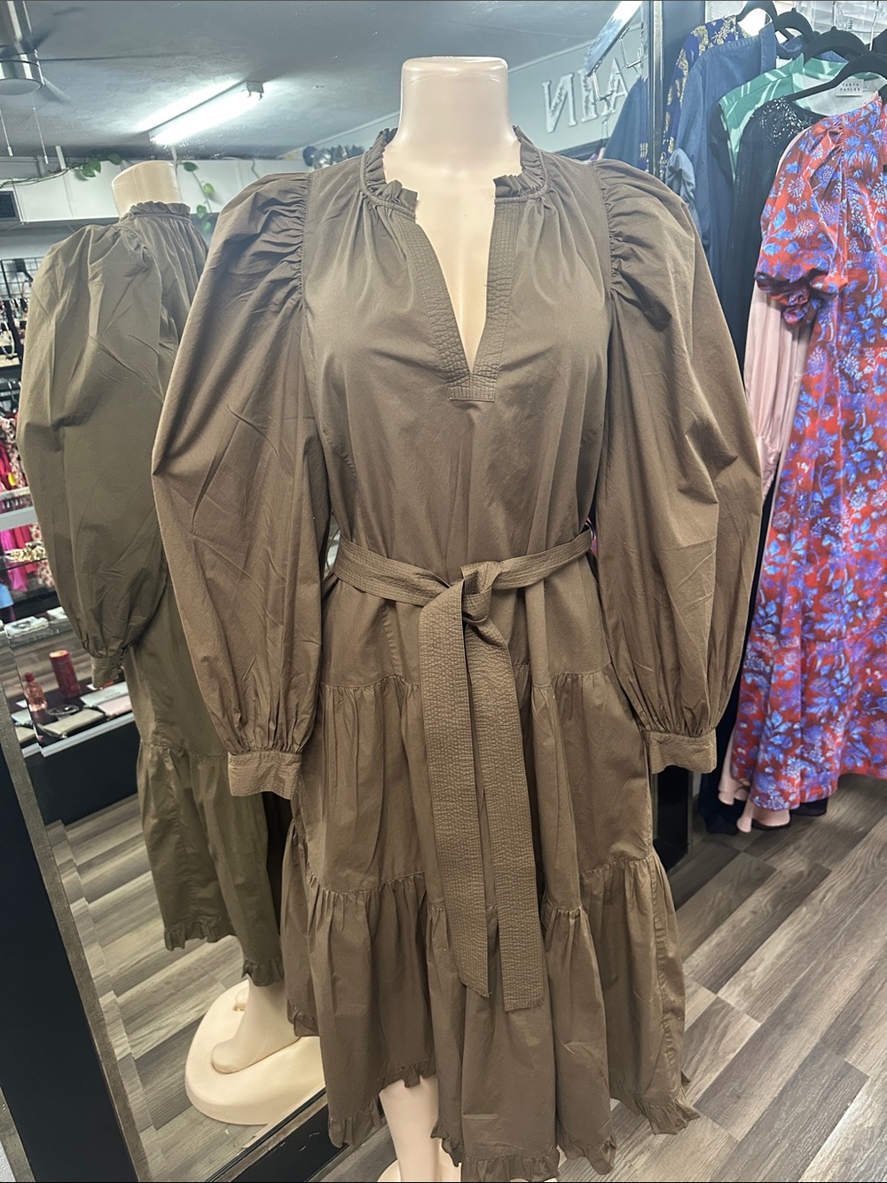 Ulla Johnson Olive Tiered Puff-Sleeve Midi Dress with Self Belt